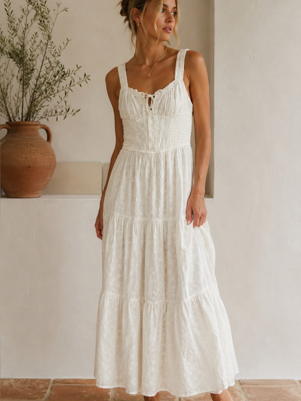 White Eyelet Smocked Maxi Dress M NWT - Picture 3 of 12